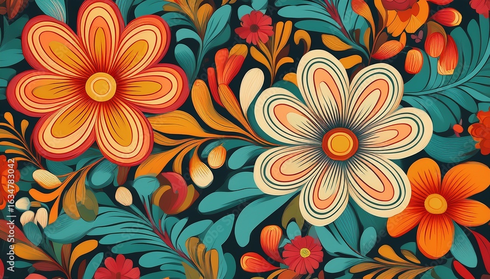 Aufkleber groovy floral bloom pattern background for retro designs suitable for vibrant fabric prints and wall