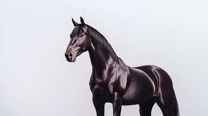 Obraz premium A striking black horse stands gracefully against a neutral backdrop, showcasing its beauty