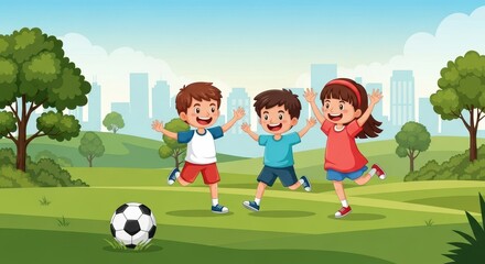 Obraz premium Flat illustration of three happy children playing football in a park on a sunny day