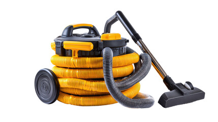 Obraz premium Heavy-duty vacuum cleaner hose coiled beside main unit background isolated on a Transparent background, PNG file.