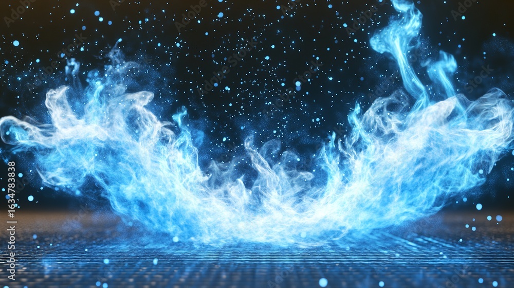 Poster a swirling vortex of blue energy with particles floating above a textured surface and dark backgroun