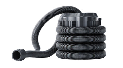 Heavy-duty vacuum cleaner hose coiled beside main unit background isolated on a Transparent background, PNG file.