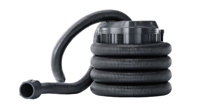 Heavy-duty vacuum cleaner hose coiled beside main unit background isolated on a Transparent background, PNG file.