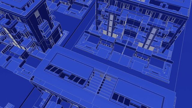 Animation of a Generic Apartment Building with solar panels on top, Seamless Looped Animation, 3D Blueprint Linework rendering