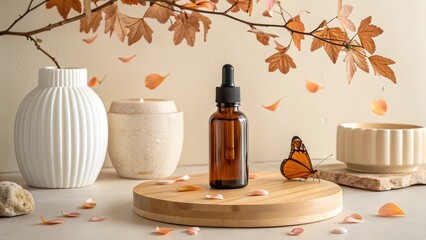 Amber Glass Dropper Serum Bottle on Wooden Podium with Autumn Decor – Elegant Beauty Product Mockup

