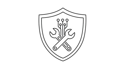 Vector art of line art icon of a shield with crossed wrenches and circuit board elements, symbolizing security and technical support, isolated on white background