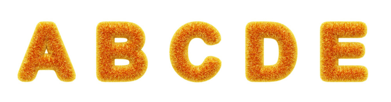 3d fur type font, fluffy alphabet letters A, B, C, D, E with yellow orange gradient hairy texture. Furry plush and shaggy text characters. Soft fuzzy english abc, isolated render set