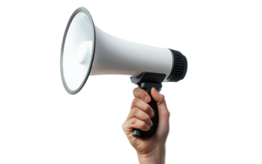 Hand holding a megaphone on transparent background, png