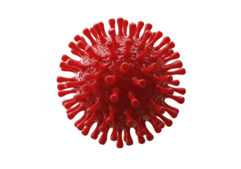 Red coronavirus cell with spikes, isolated on transparent background