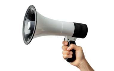 Hand holding a megaphone on transparent background, png