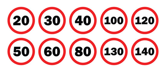 Driving Speed limit 20, 30, 40, 50, 60, 80, 100, 120, 130, 140 traffic sign