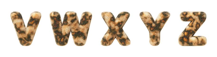 3d leopard font, fluffy alphabet letters V, W, X, Y, Z with animal fur texture and spotted pattern. Furry plush and shaggy English letters with cheetah skin print, isolated render set