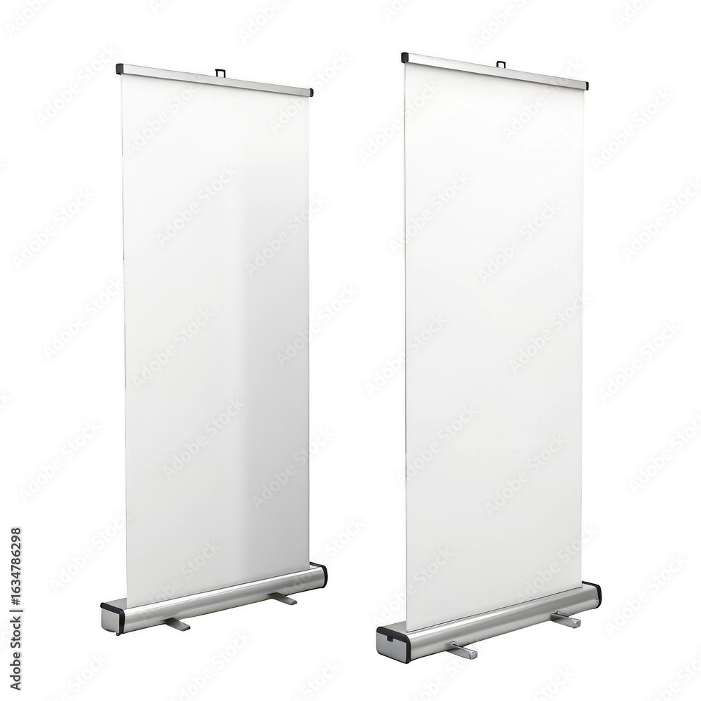 Aufkleber 3d roll up banners displaying blank white graphics isolated on transparent background