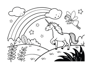 Unicorn and Fairy in a Rainbow Meadow