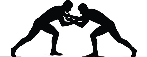Silhouetted wrestlers in combat stance, intense wrestling match, strength and technique, competitive sports action, dramatic athletic pose, dark background