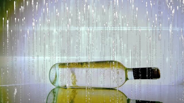 Digital code rain falling at frame two, glass wine bottle rotating showcasing reflection