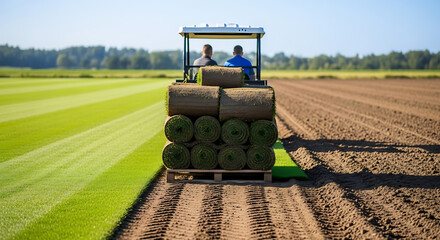 Precision turf installation showcasing efficient grass roll transport and field transformation