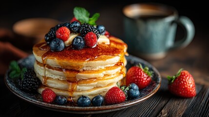 A tall stack of fluffy American pancakes drips with syrup, topped with butter and fresh berries, served on a ceramic plate beside coffee on a vintage table.