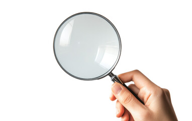 Hand holding magnifying glass on transparent background, png