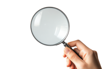 Hand holding magnifying glass on transparent background, png