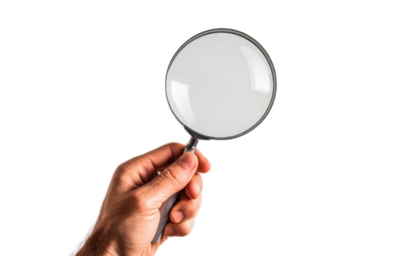Hand holding magnifying glass on transparent background, png