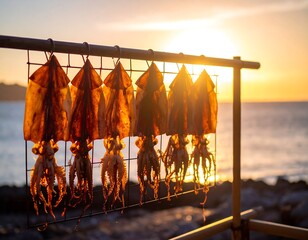 Dried squid hanging at sunset