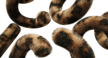 3d abstract fluffy geometric shapes with leopard skin texture and spotted pattern flying on brown background. Cheetah fur figures, hairy ring, line with wild african cat print render © marozhkastudio