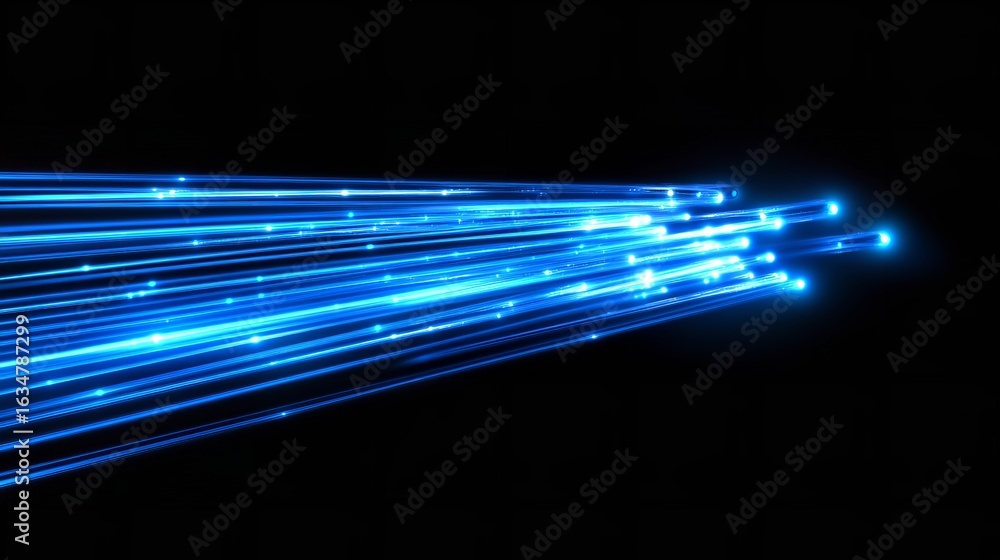 Poster abstract blue light streaks emanating from a point on a black background in a diagonal pattern