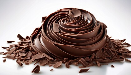 close up of a round cluster of dark chocolate curls and shavings on a white background showcasing rich texture and deep brown tones