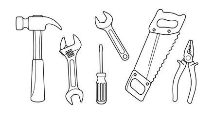 Obraz premium Hand-drawn Line Art: Essential Tools Collection - Hammer, Wrench, Saw, Pliers, Screwdriver.