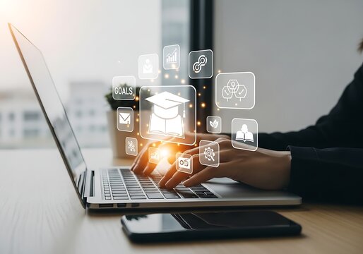 Person using laptop for online education with digital learning icons overlay