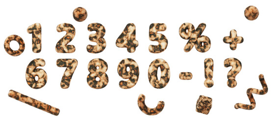 3d leopard skin font, fluffy numbers from 0 to 9 render. Abstract geometric shapes, digits, percent sign, question mark and exclamation with wild animal fur print and spotted pattern