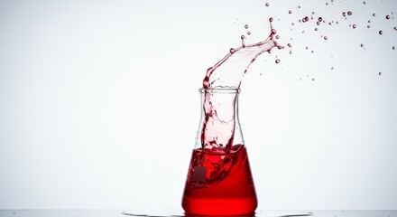 Red liquid splashing in clear lab flask on white