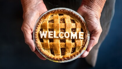 a pair of hands holding a homemade pie with welcome carved in crust