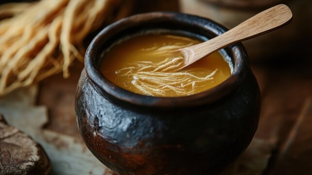 Ginseng elixir in a rustic pot, a traditional herbal remedy for wellness