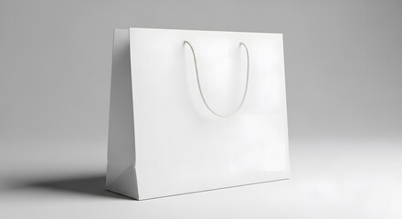 A clean white paper shopping bag with string handles stands upright on a light gray surface, creating a simple mockup.