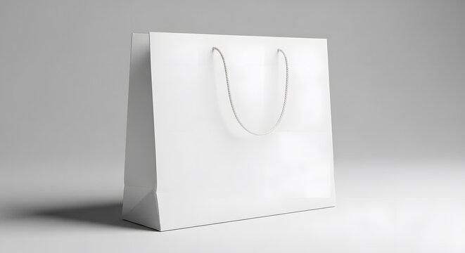 A clean white paper shopping bag with string handles stands upright on a light gray surface, creating a simple mockup.