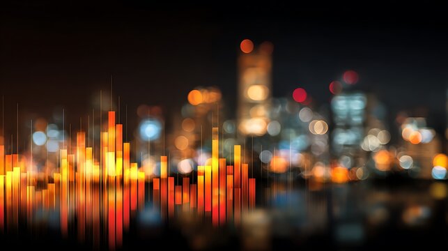 Abstract cityscape with glowing bars overlayed on a blurred urban background at night time view - Powered by Adobe
