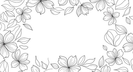 Elegant Monochrome Floral Frame with Delicate Line Art Flowers and Leaves