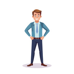Confident Male CEO Standing with Hands on Hips in Business Suit – Leadership Pose Vector Illustration for Corporate Branding