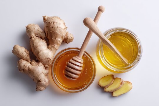 Overhead shot of ginger root and honey in glass containers, with honey dippers