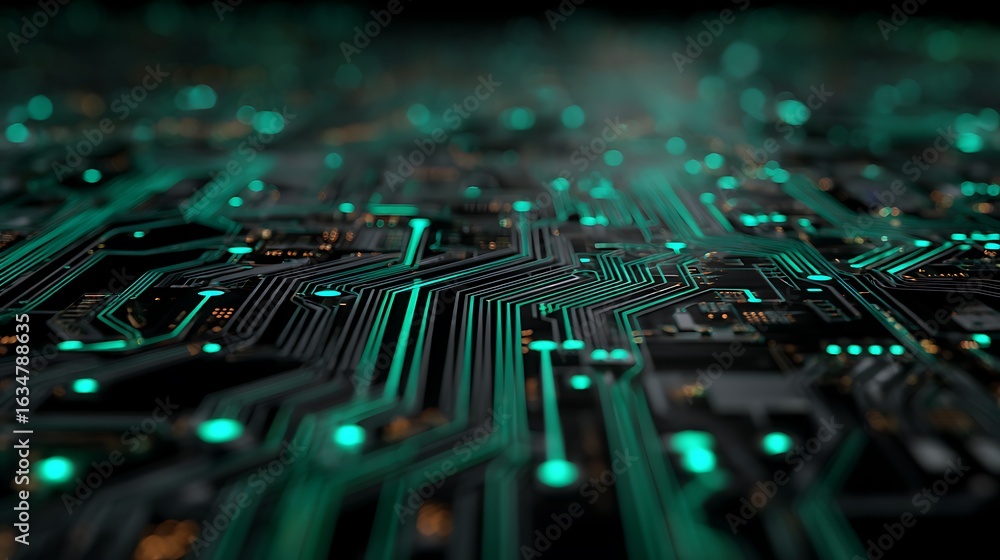Poster a close up view of a green and black circuit board with glowing lights and intricate pathways design