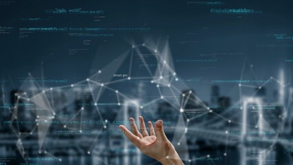 A conceptual image showcasing a hand reaching out to a vibrant digital network, symbolizing communication, innovation, and technological progress in a city landscape. Xenic