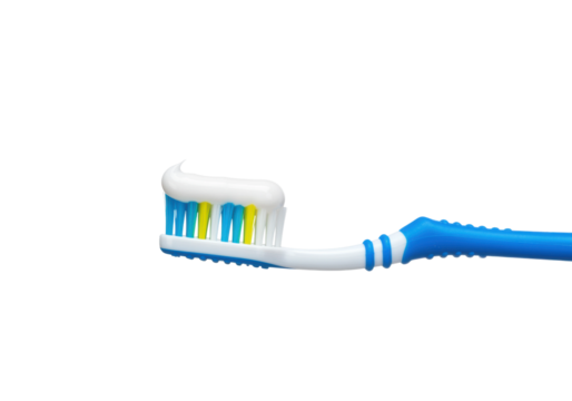 Blue toothbrush with white toothpaste on bristles. Cut out PNG