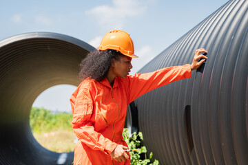 Engineers collaborate inside a massive steel pipe, constructing a tunnel for an industrial pipeline...
