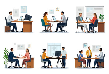 Fototapeta premium A realistic office icon set portraying a detailed workplace with a wooden desk, a modern coworking space, a team of employees of various genders and descents, and a powerful computer, rendered in a ph