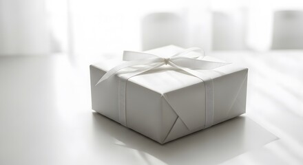 A beautifully wrapped white present with a delicate ribbon bow sits on a clean, bright surface.