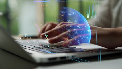 High-tech global network connection interface showing worldwide digital communication, data exchange, and internet connectivity. Global connection, data interaction, and worldwide communication. Thunk