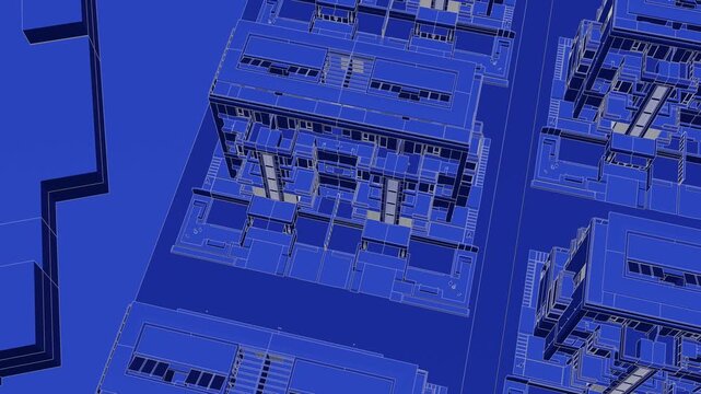 Animation of a Generic Apartment Building with solar panels on top, Seamless Looped Animation, 3D Blueprint Linework rendering
