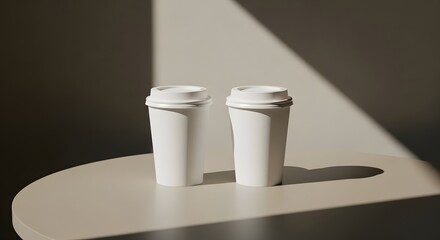 Two minimalist white coffee cups with lids sit on a beige table, with strong sunlight creating a stark diagonal shadow.